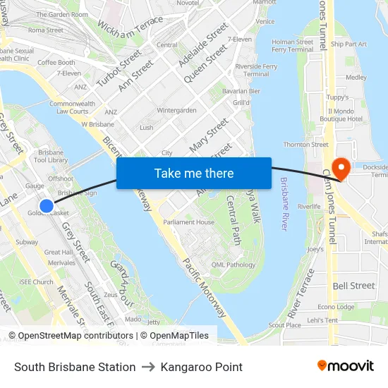 South Brisbane Station to Kangaroo Point map