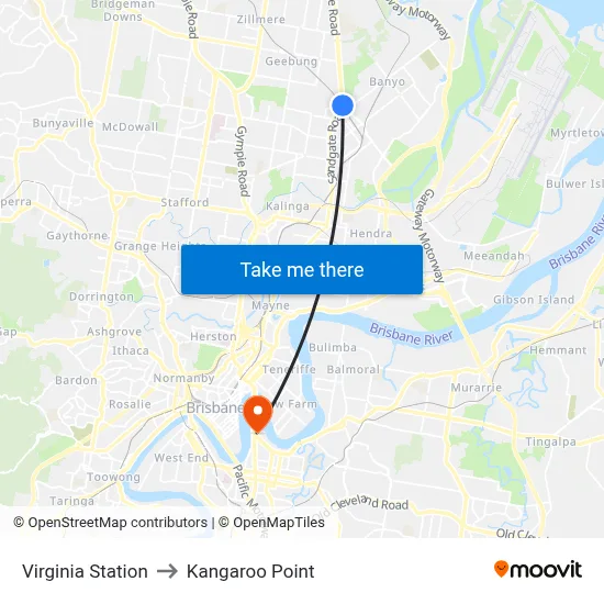 Virginia Station to Kangaroo Point map