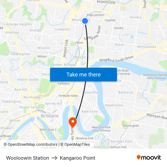 Wooloowin Station to Kangaroo Point map