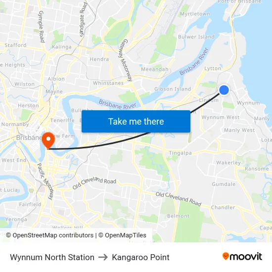 Wynnum North Station to Kangaroo Point map