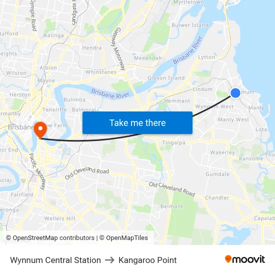 Wynnum Central Station to Kangaroo Point map