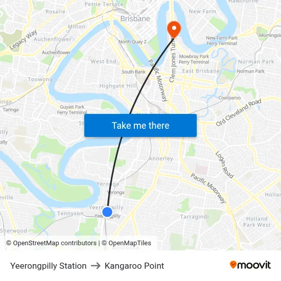 Yeerongpilly Station to Kangaroo Point map