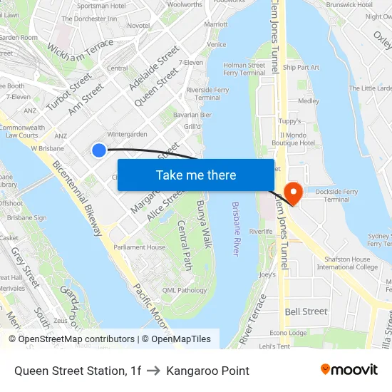 Queen Street Station, 1f to Kangaroo Point map