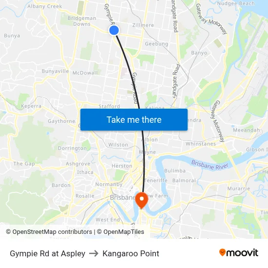 Gympie Rd at Aspley to Kangaroo Point map