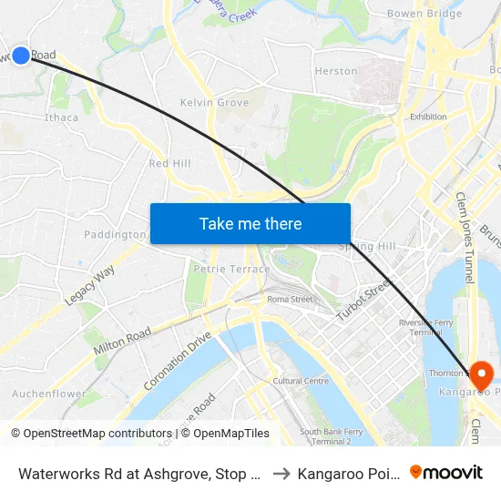 Waterworks Rd at Ashgrove, Stop 17 to Kangaroo Point map