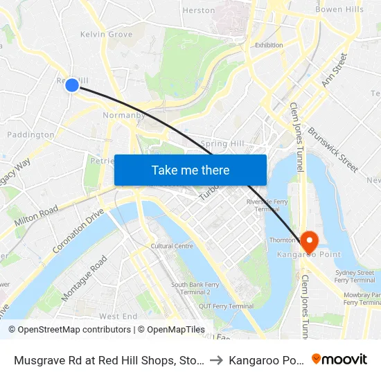 Musgrave Rd at Red Hill Shops, Stop 8 to Kangaroo Point map