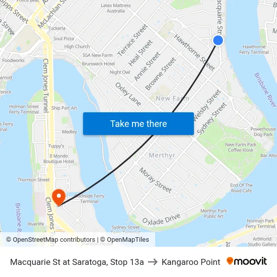 Macquarie St at Saratoga, Stop 13a to Kangaroo Point map