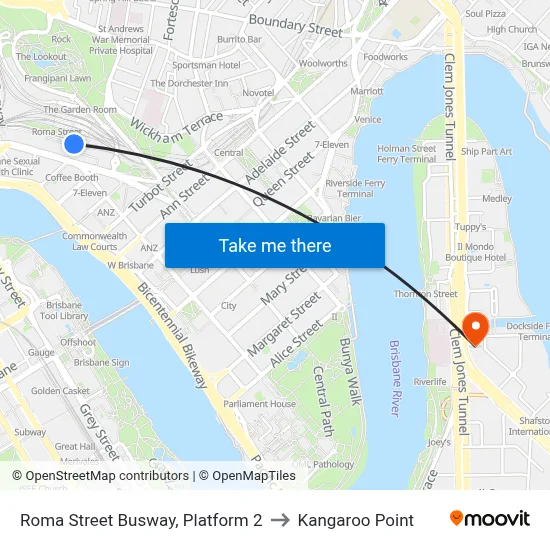 Roma Street Busway, Platform 2 to Kangaroo Point map