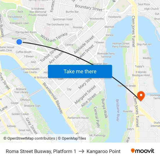 Roma Street Busway, Platform 1 to Kangaroo Point map