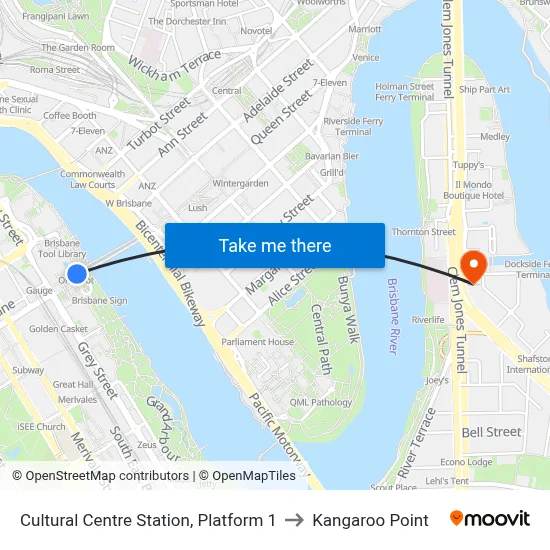 Cultural Centre Station, Platform 1 to Kangaroo Point map