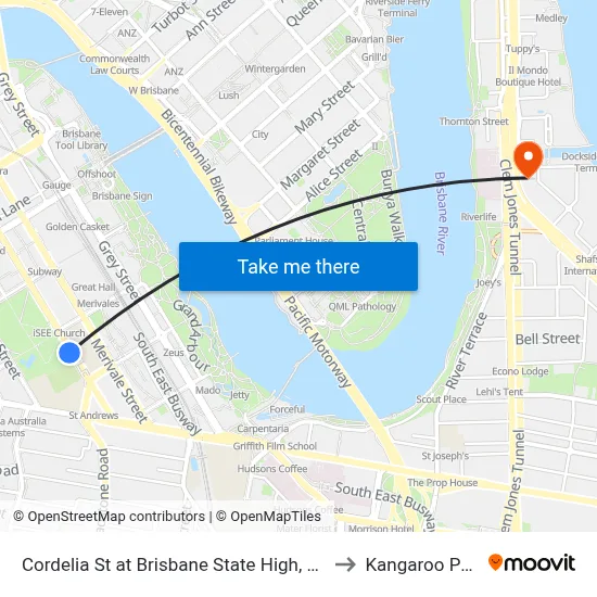 Cordelia St at Brisbane State High, Stop 3 to Kangaroo Point map