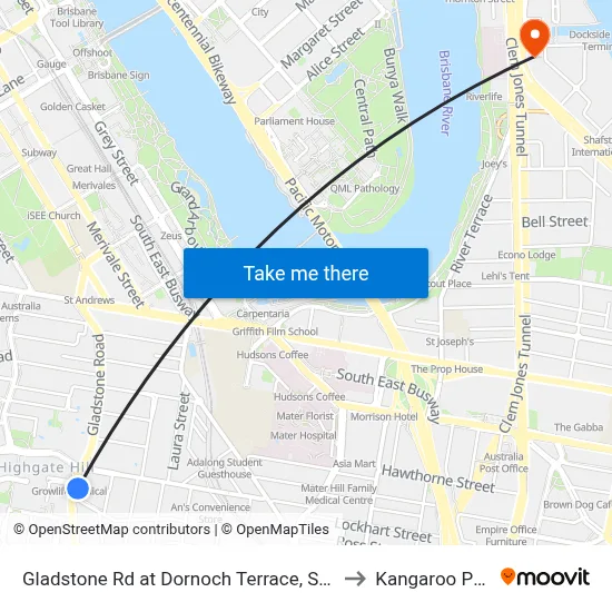 Gladstone Rd at Dornoch Terrace, Stop 11 to Kangaroo Point map