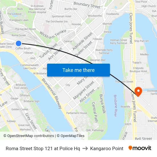 Roma Street Stop 121 at Police Hq to Kangaroo Point map