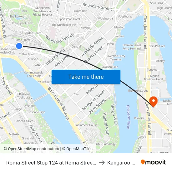 Roma Street Stop 124 at Roma Street Station to Kangaroo Point map