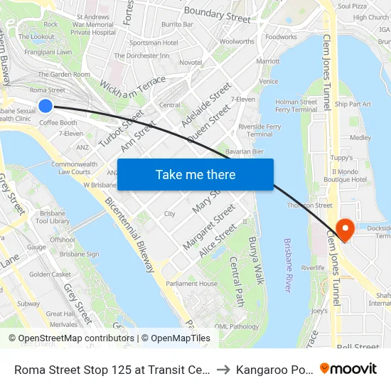 Roma Street Stop 125 at Transit Centre to Kangaroo Point map