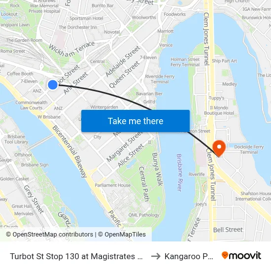 Turbot St Stop 130 at Magistrates Court to Kangaroo Point map