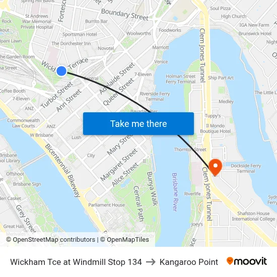 Wickham Tce at Windmill Stop 134 to Kangaroo Point map