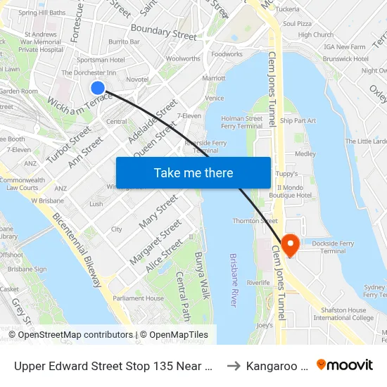 Upper Edward Street Stop 135 Near Wickham Tce to Kangaroo Point map
