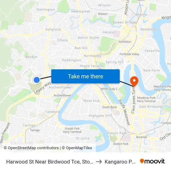 Harwood St Near Birdwood Tce, Stop 28a to Kangaroo Point map
