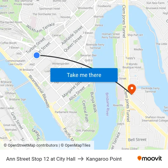 Ann Street Stop 12 at City Hall to Kangaroo Point map