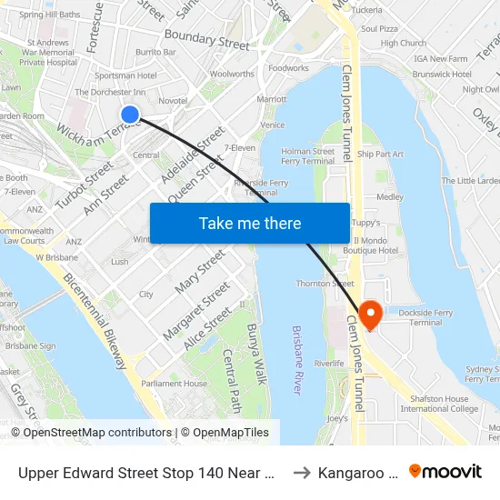 Upper Edward Street Stop 140 Near Wickham Tce to Kangaroo Point map
