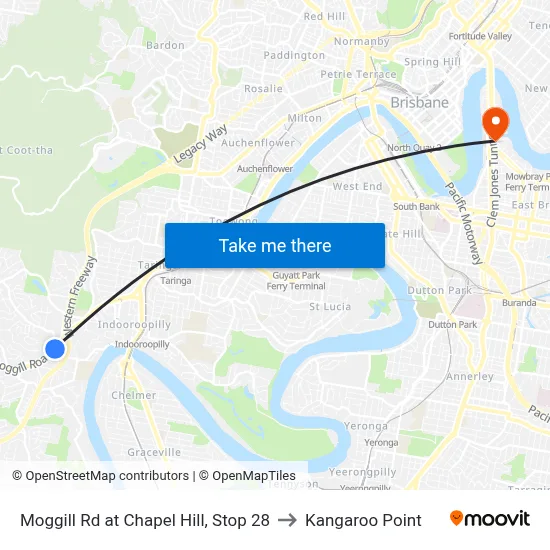 Moggill Rd at Chapel Hill, Stop 28 to Kangaroo Point map