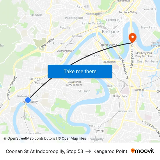 Coonan St At Indooroopilly, Stop 53 to Kangaroo Point map