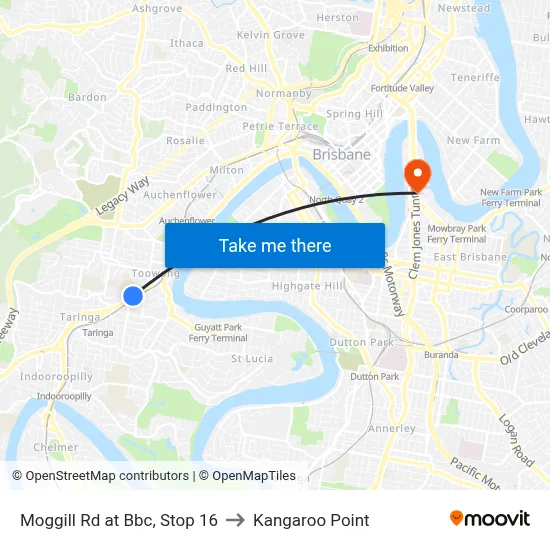 Moggill Rd at Bbc, Stop 16 to Kangaroo Point map