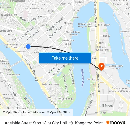 Adelaide Street Stop 18 at City Hall to Kangaroo Point map