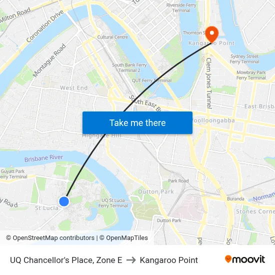 UQ Chancellor's Place, Zone E to Kangaroo Point map