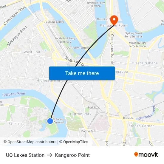 UQ Lakes Station to Kangaroo Point map