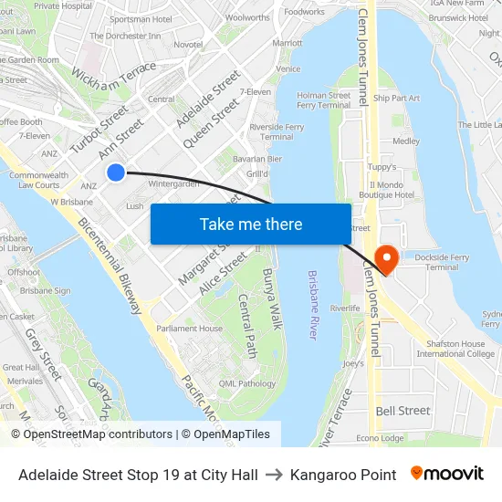 Adelaide Street Stop 19 at City Hall to Kangaroo Point map