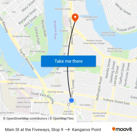 Main St at the Fiveways, Stop 9 to Kangaroo Point map