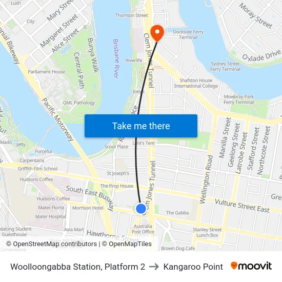 Woolloongabba Station, Platform 2 to Kangaroo Point map