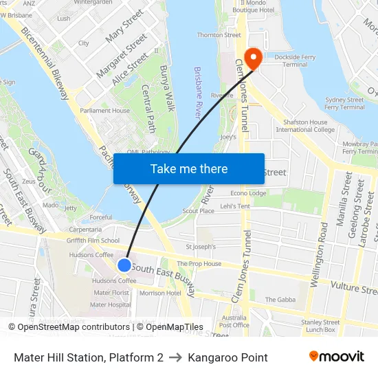 Mater Hill Station, Platform 2 to Kangaroo Point map