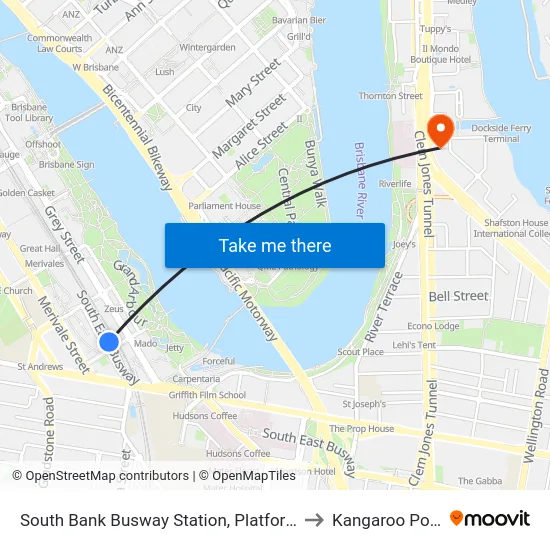 South Bank Busway Station, Platform 2 to Kangaroo Point map