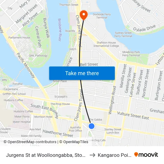 Jurgens St at Woolloongabba, Stop E to Kangaroo Point map
