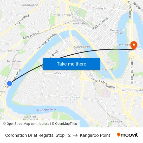 Coronation Dr at Regatta, Stop 12 to Kangaroo Point map