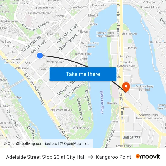Adelaide Street Stop 20 at City Hall to Kangaroo Point map