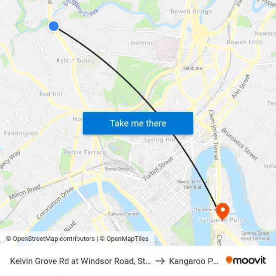 Kelvin Grove Rd at Windsor Road, Stop 16 to Kangaroo Point map