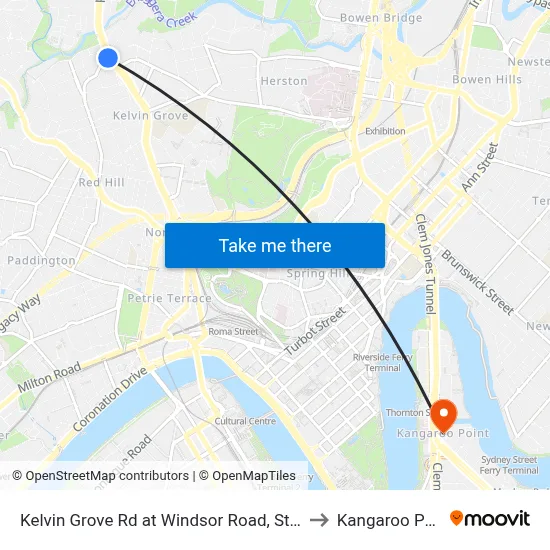 Kelvin Grove Rd at Windsor Road, Stop 16 to Kangaroo Point map