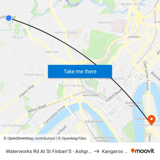 Waterworks Rd At St Finbarr'S - Ashgrove, Stop 16 to Kangaroo Point map