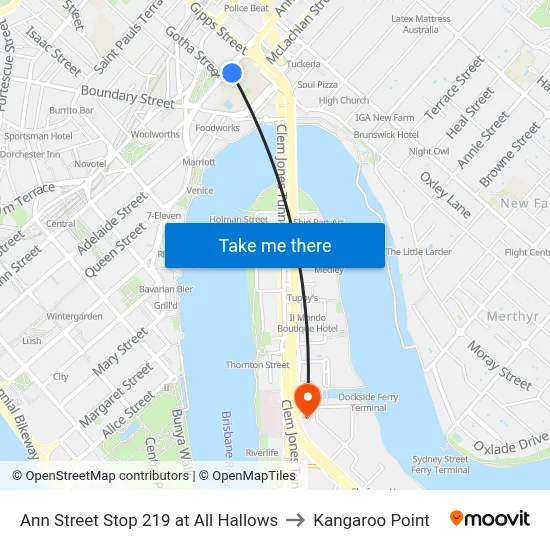 Ann Street Stop 219 at All Hallows to Kangaroo Point map