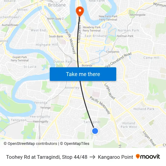 Toohey Rd at Tarragindi, Stop 44/48 to Kangaroo Point map