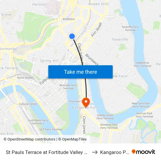 St Pauls Terrace at Fortitude Valley Stop 232 to Kangaroo Point map