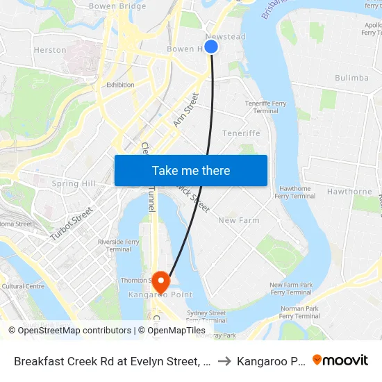 Breakfast Creek Rd at Evelyn Street, Stop 10 to Kangaroo Point map