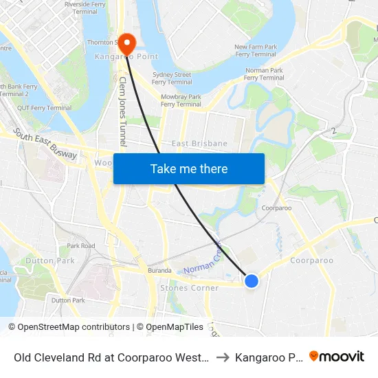 Old Cleveland Rd at Coorparoo West Stop 19 to Kangaroo Point map
