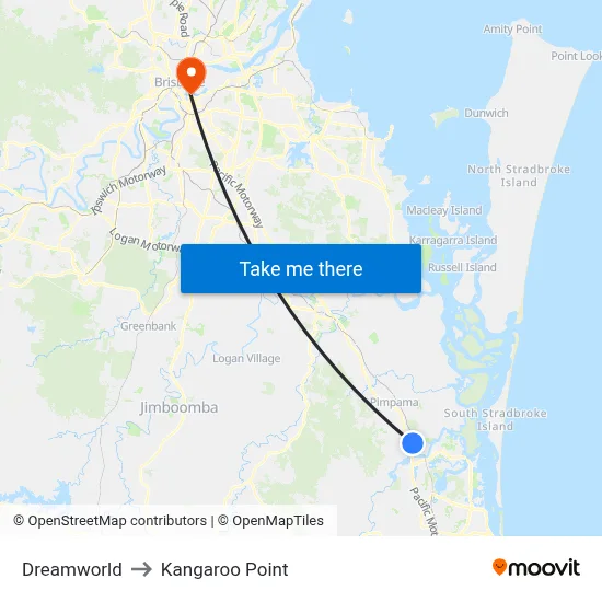 Dreamworld to Kangaroo Point map