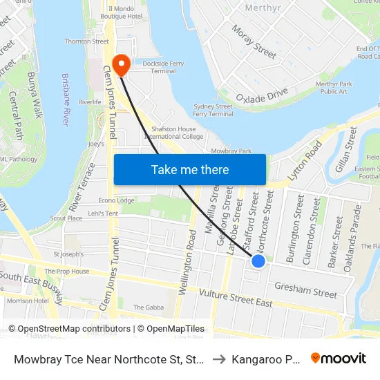 Mowbray Tce Near Northcote St, Stop 13 to Kangaroo Point map