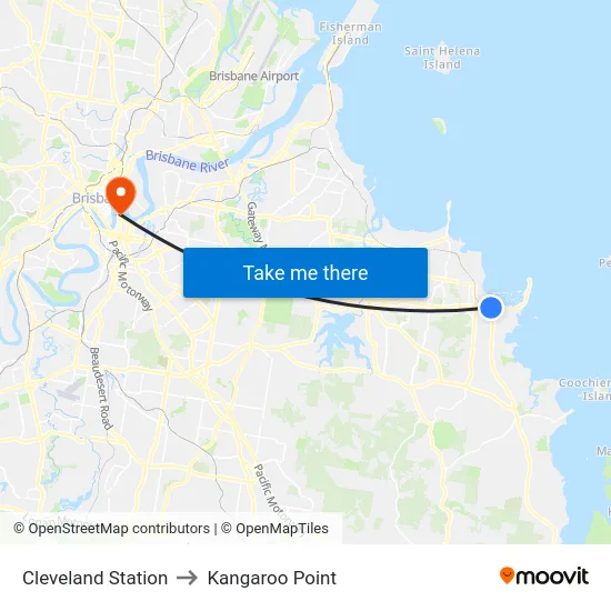 Cleveland Station to Kangaroo Point map